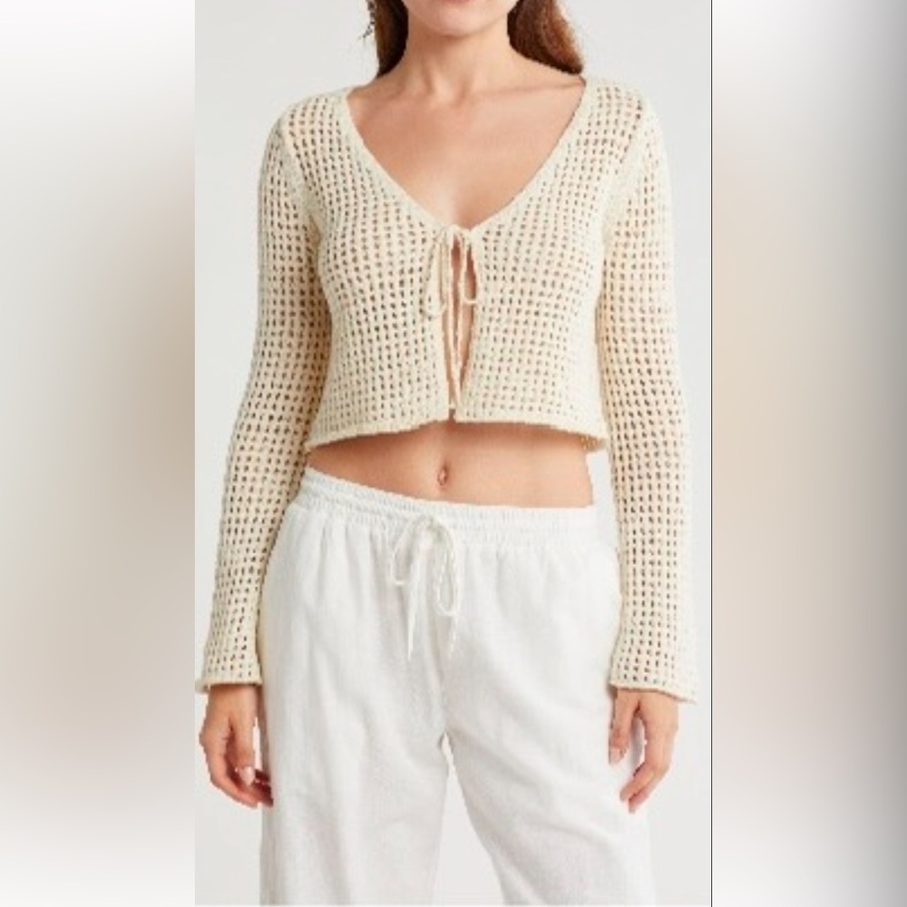 Abound Ivory Crochet Open-Front Tie Cardigan